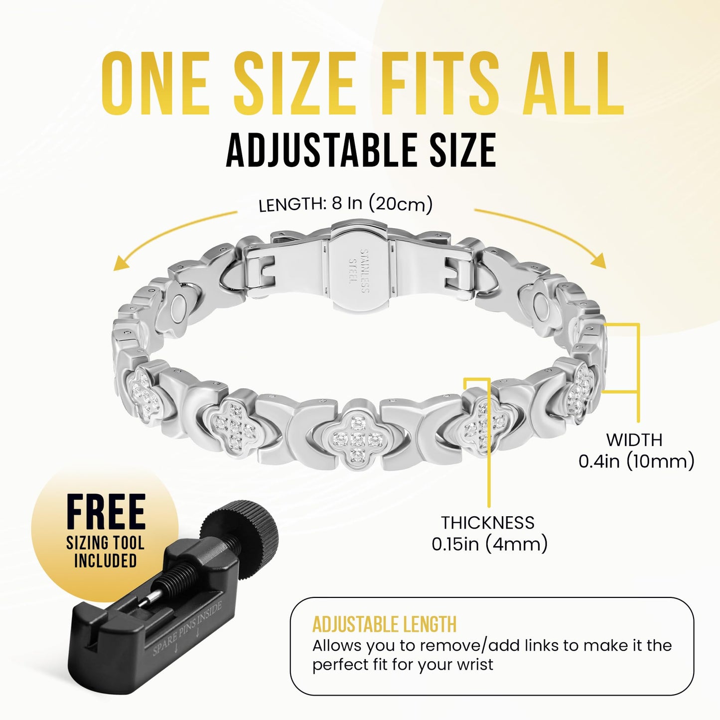 MagnetRX® Magnetic Bracelets for Women — Premium Four Leaf Clover Bracelet with Crystals and Ultra Strength Magnets — Adjustable Womens Magnetic Bracelet with Sizing Tool (Silver)