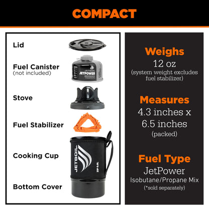 Jetboil Zip 0.8L Portable Fast Boil Stove with Easy-Turn Knob Igniter for Backpacking and Camping, Propane/Isobutane Burner with Cooking Cup, Carbon