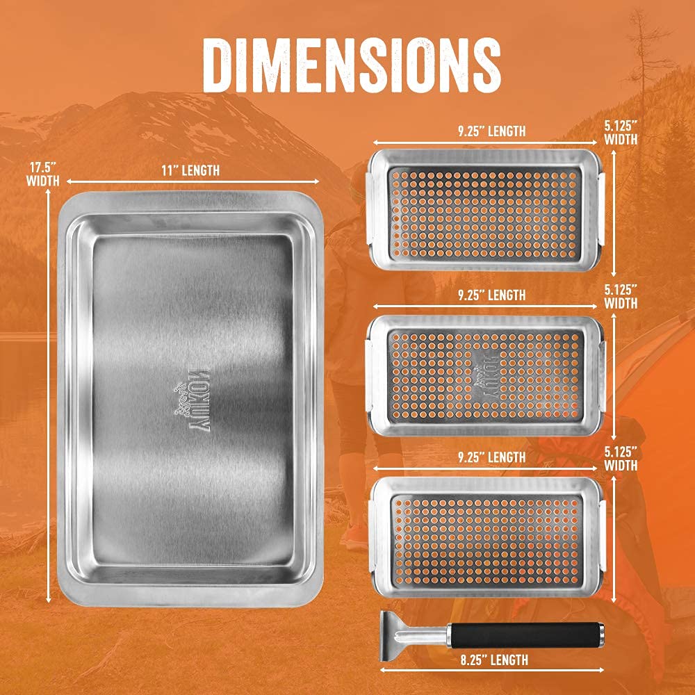 Yukon Glory BBQ Vegetable Grill Basket Set, Stainless Steel, 3 Baskets with Drip Tray & Removable Handle for Fish, Shrimp & Veggies