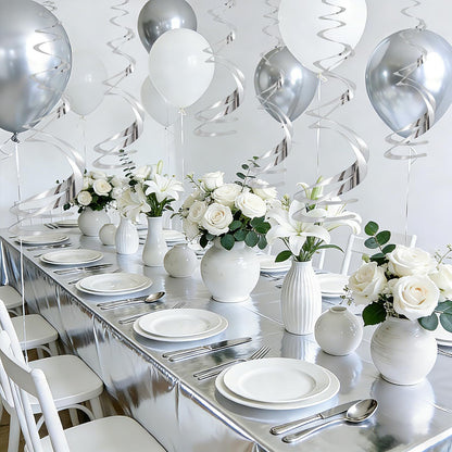 BLMHTWO 3Pcs Silver Foil Tablecloth and 30Pcs Hanging Swirl Decorations, 54 * 72in Disposable Plastic Table Cover Ceiling Swirl Spiral Hanging Streamers for Party Baby Shower Wedding Birthday