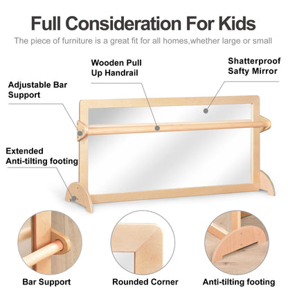 KRAND 3-Position Montessori Wood Frame Non-Shatter Safety Pull Up Bar Baby Big Mirror Set, Infant Coordination Mirror, Kids Classroom Furniture for Daycare, Homeschool or Preschool