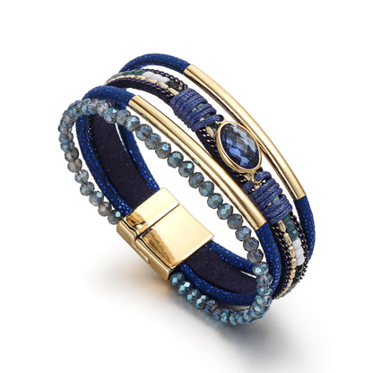 Edoneery Leather Wrap Bracelet for Women, Boho Handmade Multi-Layer Cuff with Crystal Beads Heart, Stackable Bangle Western Jewelry Gift(Crystal(Blue))