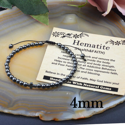 CHCCOYE 4mm Handmade Adjustable Natural Gemstone Crystal Bracelet Healing Power Energy Inspirational Gifts with Card for Unisex (Hematite)