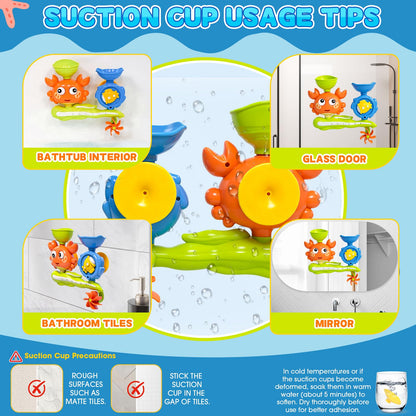 Bath Toys for Toddlers 1-3, Crab Water Wheel Bathtub Toys with 2 Suction Cups, Baby Shower Toys with Spinning Waterfall & Water Scoop, Bathroom Pool Toys for Kids Ages 1+ Year Old Boys Girls Gifts