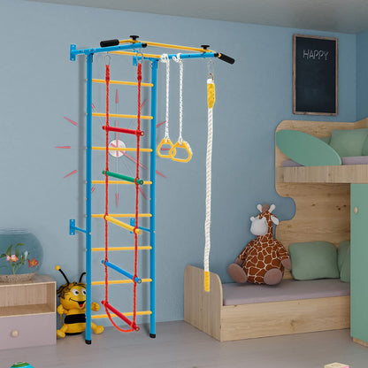 TONGMO Indoor Climbing Playground, Jungle Gym for Kids, Metal Swedish Ladder & Climbing Wall Playset, Sturdy Playground with Rope Ladder, Pull-up Bar, and Gymnastic Rings