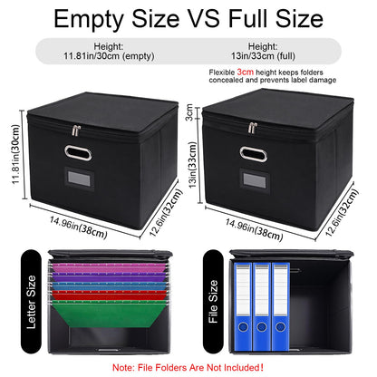 4 Pack File Organizer Boxes with Lids, Collapsible Document Storage Bin with Mesh Pockets & Zipper, Fits Letter/Legal Size Folders for Home Office Moving Classroom Organization (Black, No Folders)