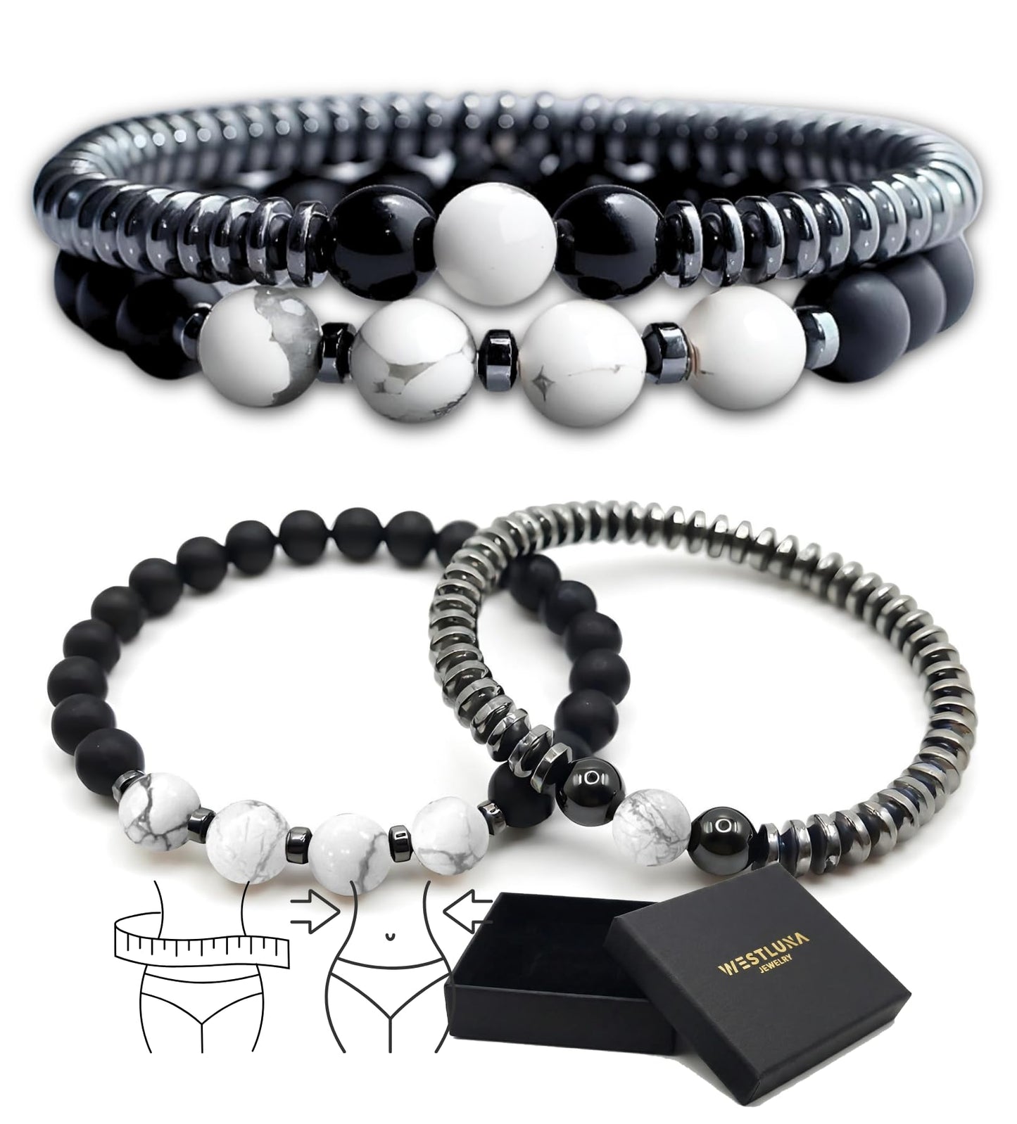 WestLuna Magnetic Healing Bracelet, Adjustable Magnetic Hematite Bracelets for Women Men Slimming Crystal Chakra Energy Beaded Bracelet Set (White Howlite, Small)