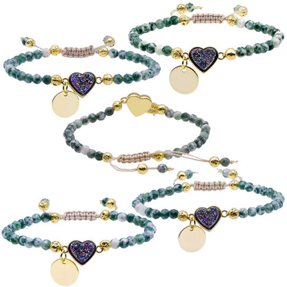 Nupuyai 4mm Faceted Stone Beads Bracelet for Women Men, Adjustable Healing Crystal Chakra Bracelet with Druzy Heart Charms, Green Dalmation Jasper