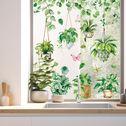 Whaline 6 Sheet Spring Summer Potted Plant Window Clings Hanging Vine Plant Eucalyptus Leaves Reusable Window Decals for Home School Office Party Supplies