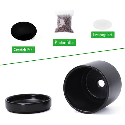 D'vine Dev 4.7 Inch Ceramic Planter Pot with Drainage Hole and Saucer, Indoor Cylinder Round Planter Pot, Black, 94-O-B-2