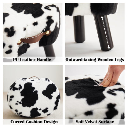 Leesingdo Small Footstool with Handle, Faux Fur Ottoman Foot Rest with Padded Seat, Curved Foot Stool with Wooden Legs, Portable Foot Rest for Living Room, Bedroom, Entryway, Cow