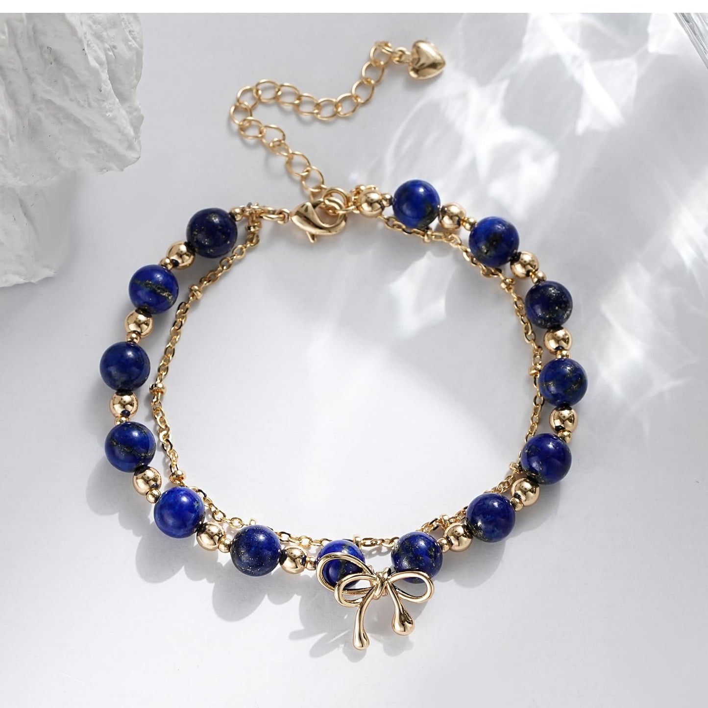 NeoHundreds Luxury Handmade Lapis Lazuli Bracelet Natural Crystal Gemstone 14K Gold-Plated Chain With Bow,Elegant Unique Jewelry Gift Ready for Woman Her Girlfriend Daughter Mother Day