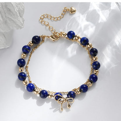 NeoHundreds Luxury Handmade Lapis Lazuli Bracelet Natural Crystal Gemstone 14K Gold-Plated Chain With Bow,Elegant Unique Jewelry Gift Ready for Woman Her Girlfriend Daughter Mother Day