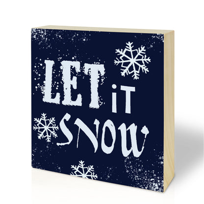 5" Pinewood Block Sign Gift - Let It Snow - Holiday Winter Decor Snowflake Small Gift For Friends & Families, Living Room, Counter, Shelf, Snowflake Home & Office Decoration & Gift(Blue)- B05