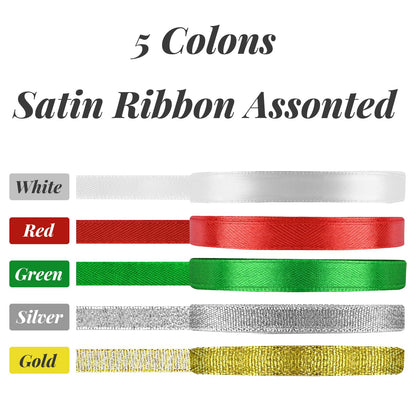 Showin 5 Rolls 125 Yards Christmas Ribbons, 10mm Wide Metallic Glitter Fabric Holiday Festival Satin Ribbons for Christmas Gift Wrapping Decoration