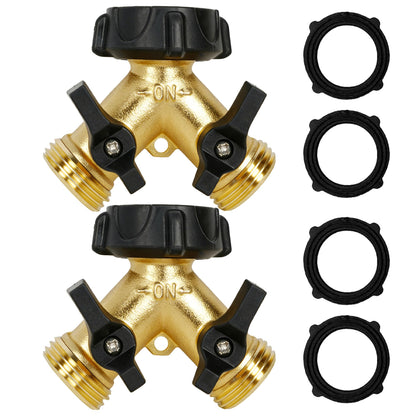 Hourleey 2 Pack Brass Garden Hose Splitter 2 Way, 3/4 Inch Hose Connector Tap Splitter, Hose Y Splitter, Hose Spigot Adapter 2 Valves with 4 Extra Rubber Washers