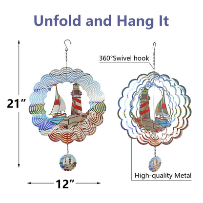 YNGFIL Lighthouse 3D Wind Spinner Kinetic Metal Art Hanging Wind Spinner Outdoor Decoration Ocean Ornaments Decor for Yard and Garden