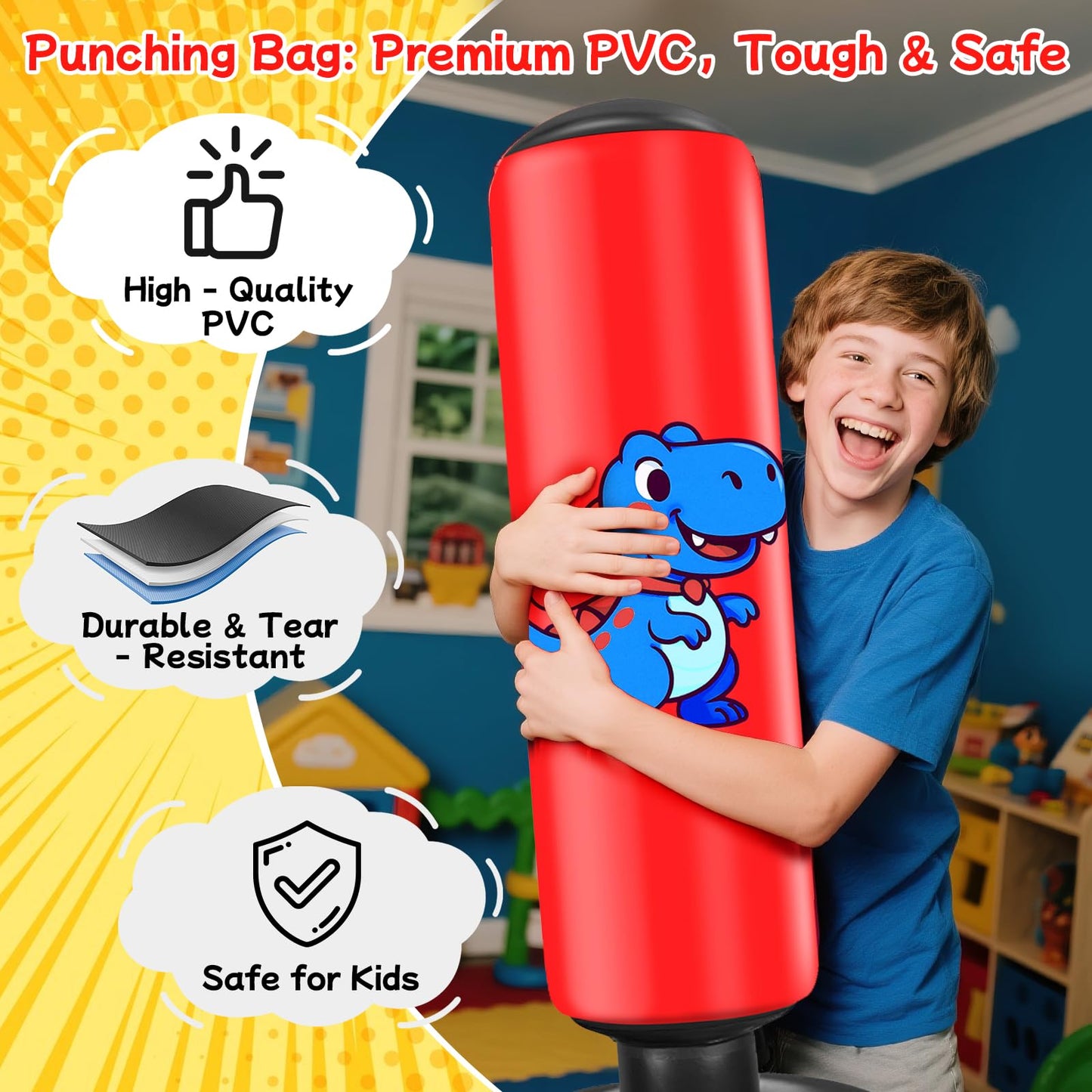 Inflatable Punching Bag for Kids: Qoosea 48 Inches Kids Bop Bag Boxing Gloves & Air Pump Dinosaur Toy Gift for Toddler & Kid Ages 3-8,Freestanding Punching Bag Easy to Inflate,Durable Safe Boxing Bag