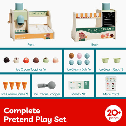 TOP BRIGHT Wooden Ice Cream Pretend Play Toys, Play Kitchen Set for Kids with Ice Cream Counter & Scoop & Menu, Montessori Toys for Boys Girls Capybara Gift Age 3+