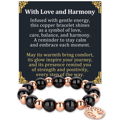 Fashtour Copper Beads Bracelet for Women and Men, Adjustable 99.99% Pure Copper Beads with 10mm Hematite Stones, Magnetic Beaded Jewelry Gift with Tree of Life Charm (10mm)