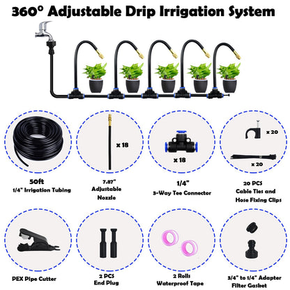 DOLANSTO 50ft Drip Irrigation System with 18pcs 360° Adjustable Misting Sprinkler Kit, Garden Watering System for Raised Bed, Greenhouse, Patio, Yard - DIY Plant Mist Sprayer Kit