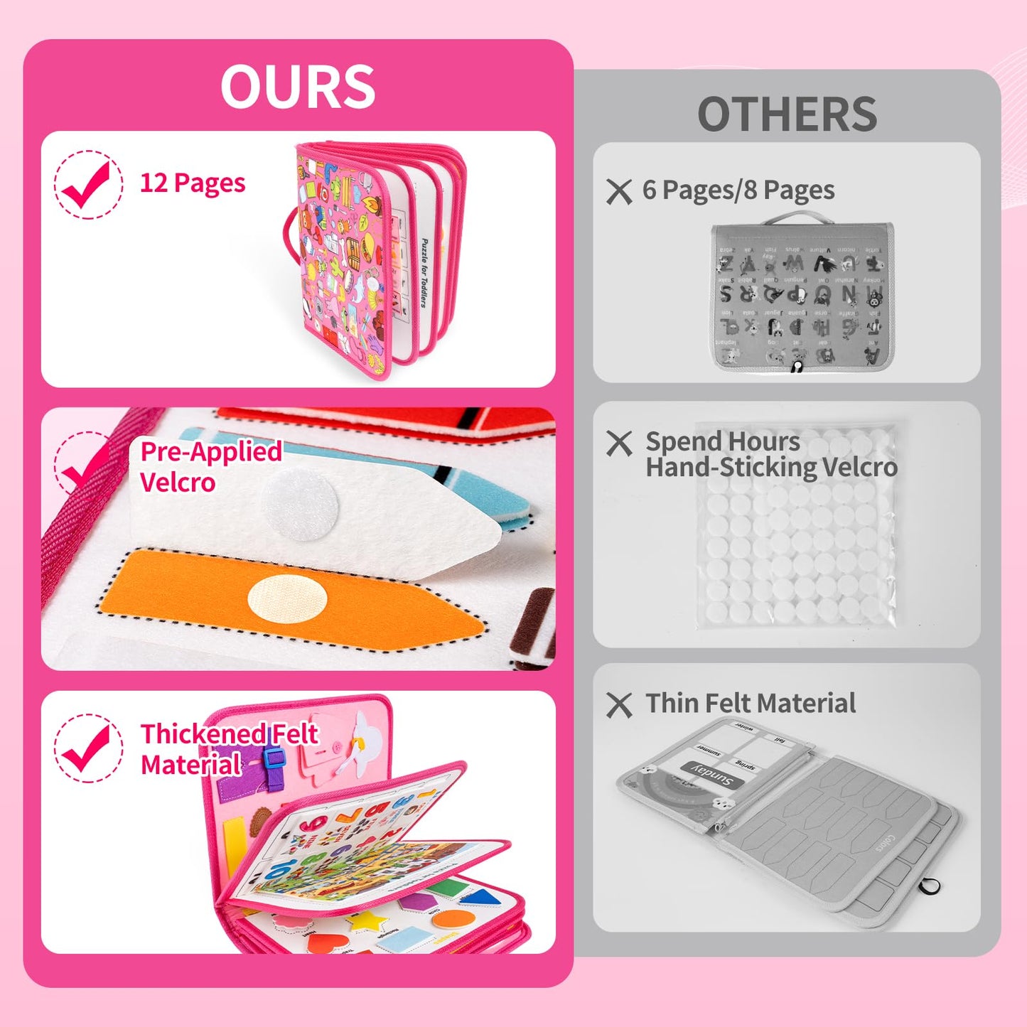 Toddler Busy Board, Montessori Busy Book for Toddlers, 12-Page Quiet Educational Activity Book, Learning Sensory Toys for Motor Skills, Travel Toy for Car Airplane, Girl Kids Birthday Gifts (Pink)