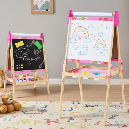 DUMOS Kids Easel Set with Paper Roll, Adjustable Height Wooden Double-Sided Magnetic Chalkboard & Whiteboard Art Station for Ages 3+, Dry Erase Board, Gift Idea with Accessories for Girls and Boys