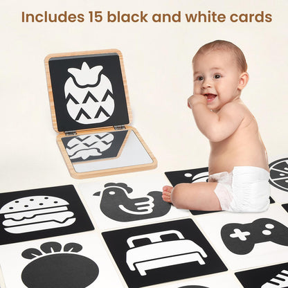 Woodtoe Tummy Time Mirror for Infant, 0-180° Adjustable Baby Mirrors with 15 Black and White Educational Cards, Shatterproof & Portable Baby Safe Mirror Toy, Developmental Baby Gift for 0-6 Months