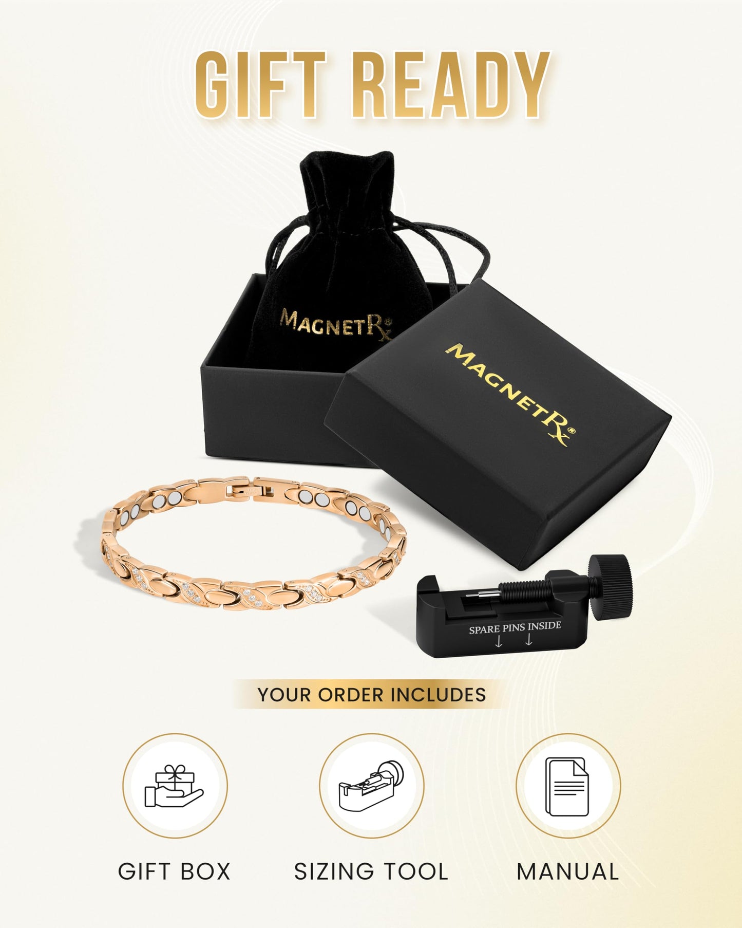 MagnetRX® Ultra Strength Magnetic Bracelets for Women – Double Magnet Stainless Steel Crystal Bracelet for Women – Adjustable Bracelet Length with Sizing Tool (Rose Gold XO)