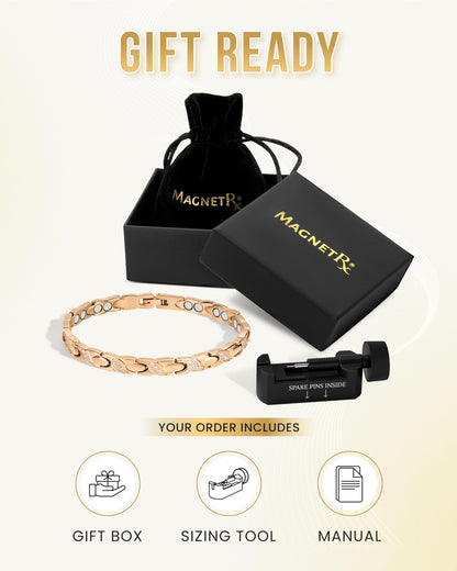 MagnetRX® Ultra Strength Magnetic Bracelets for Women – Double Magnet Stainless Steel Crystal Bracelet for Women – Adjustable Bracelet Length with Sizing Tool (Rose Gold XO)