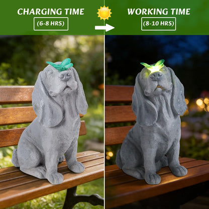 Ovewios Garden Statue Dog Figurines - Outdoor Dog Statue with Solar Butterfly Lights for Patio Yard Art Decor Balcony Lawn Ornament, Ideal Housewarming Gardening Gifts for Mom