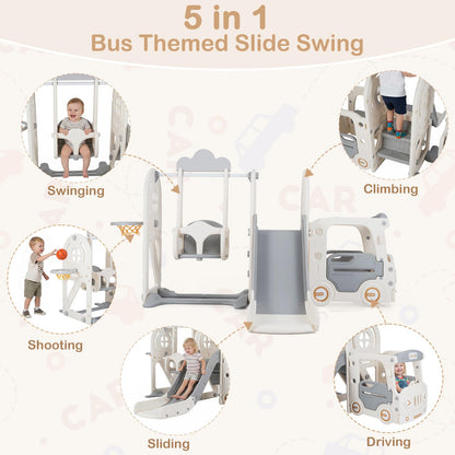OLAKIDS Toddler Slide and Swing Set, 5 in 1 Bus Themed Baby Slide with Climber Basketball Hoop Car Playhouse for Indoor Outdoor Boys Girls Aged 3+ (Grey)