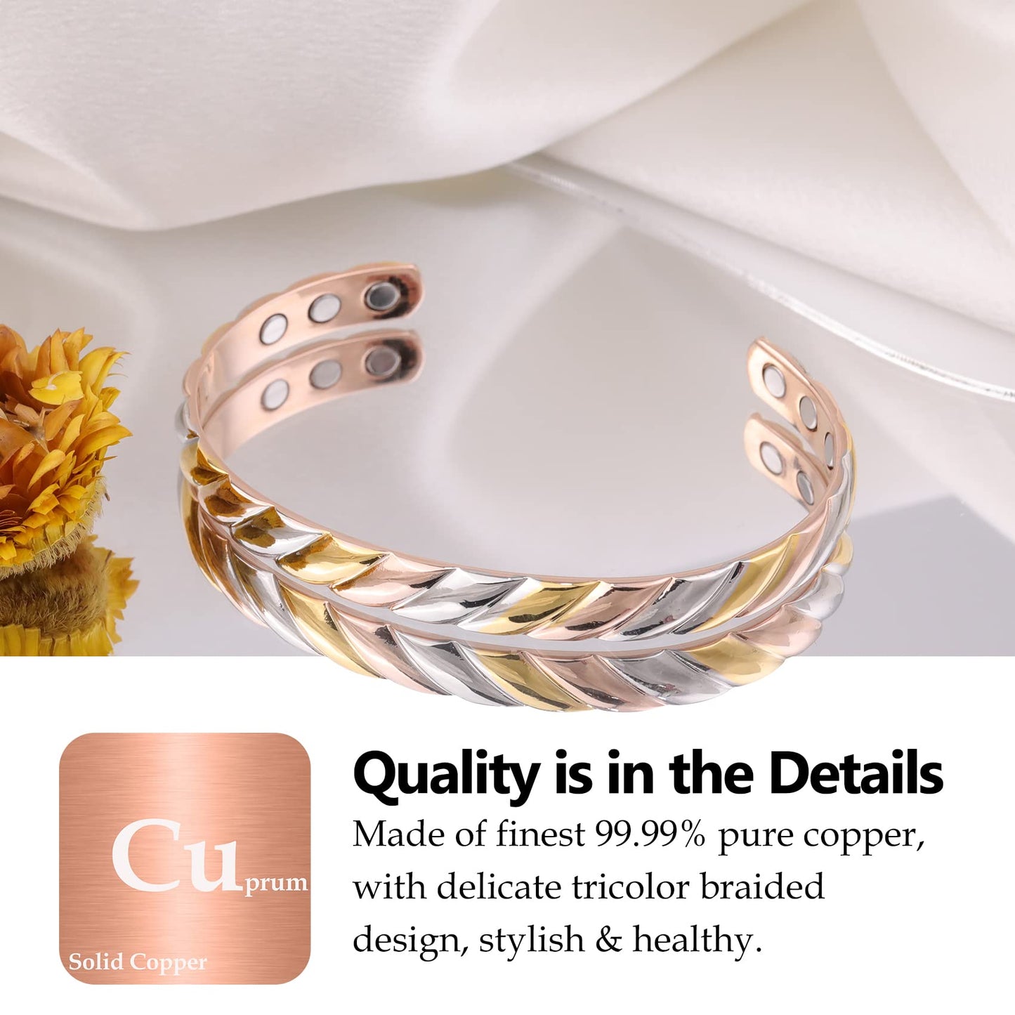 Feraco Copper Magnetic Bracelet for Women, Fashionable Braided Cuff Bangle with 3500 Gauss Magnets, 99.99% Pure Copper Jewelry Gifts