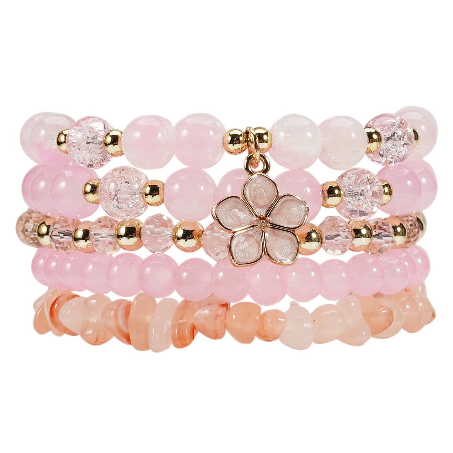 Caiyao 5Pcs Bohemia Multilayer Floewr Crystal Glass Beaded Bracelet Set Colorful Stackable Flower Beaded Friendship Stretch Bracelets for Women Men Summer Beach Boho Hawaii Holiday Jewelry Gifts-Pink