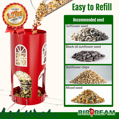 Birdream Metal Bird Feeder for Outdoors Hanging, Small Lighthouse Bird Feeder with Clear Seed Tube, Folding Stainless Steel Perches, for Small Wild Birds Finches Chickadees, Red