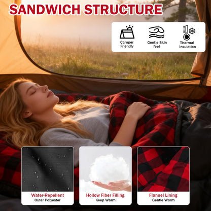FJALLNOK Double Sleeping Bag Cotton Flannel for Camping, Backpacking Or Hiking. Waterproof,Queen Size Two Person Sleeping Bags for Adults Or Teens. Lightweight with Compression Sack (Black/Red)