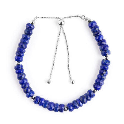 OdrillionGems Natural Lapis Lazuli Gemstones Bolo Bracelet, Faceted Beads, 925 Sterling Silver, Healing Crystals, Handmade, Adjustable Chain, Wedding, Women Jewelry, Chritmas Gifts, Size 10"