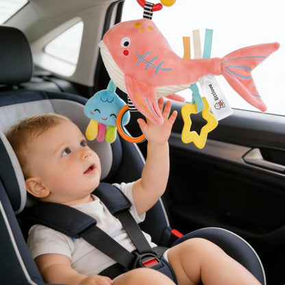 Pull Musical Toys for Car Seat 6-12 Months, Travel Sensory Toy 3-6 Months, Montessori Plush Toys for Roadtrip with Teether Crinkle Textures Clackers Squeaky Pulling Cords Newborn Infant Valentine Gift