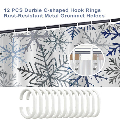 Raoycla Christmas Snowflake Shower Curtain, Blue Xmas Winter Snow Bathroom Decor, Silver Grey Snowflake Christmas Holiday Simple Shower Curtains for Bathroom 72 x 72 Inch with 12 Hooks