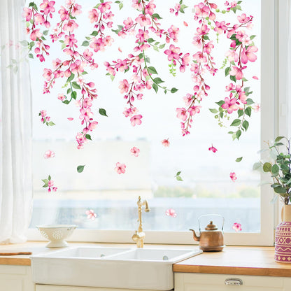 Supzone Spring Cherry Blossom Flowers Window Clings Valentine's Day Pink Hanging Flower Window Decals Anti-Collision Static Stickers for Women Girls Room Decor