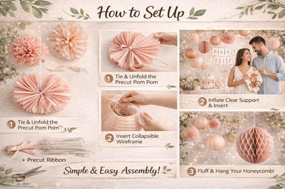 Decorative Paper Pom Poms and Lanterns Set, Rose Pink and White, Party Hanging Decor for Celebrations and Events
