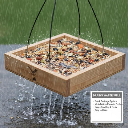 Cedar Wood Platform Tray Bird Feeder 10” - Hanging Bird Feeder for Outside Outdoor - Stainless Steel Cable Mesh Base - Weather Proof Birdfeeder for 10 Years - Longtime Outdoor Lasting Heavy Duty