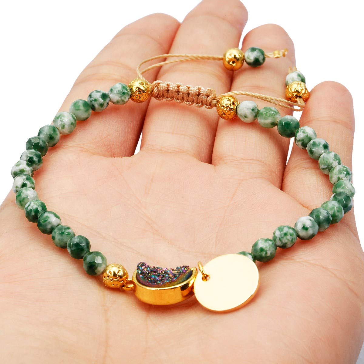 Nupuyai 4mm Faceted Stone Beads Bracelet for Women Men, Adjustable Healing Crystal Chakra Bracelet with Druzy Moon Charms, Green Dalmation Jasper