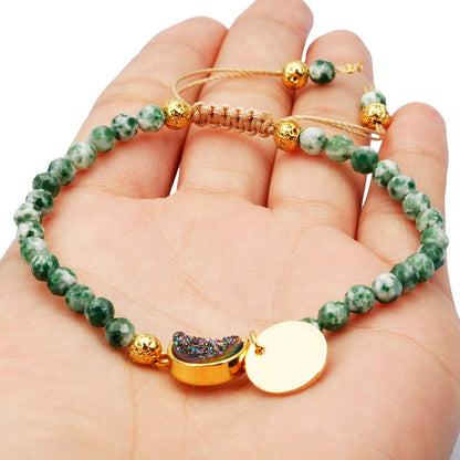 Nupuyai 4mm Faceted Stone Beads Bracelet for Women Men, Adjustable Healing Crystal Chakra Bracelet with Druzy Moon Charms, Green Dalmation Jasper