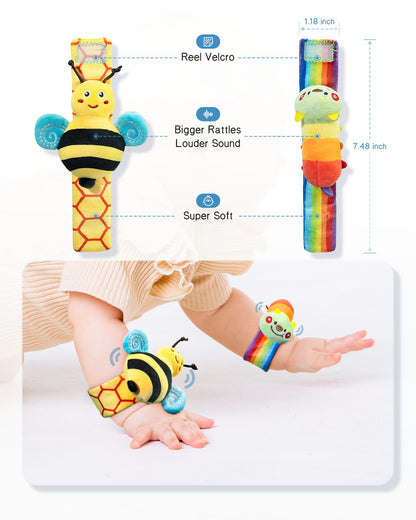 Infinno Baby Wrist Rattle Socks and Foot Finder Set, Perfect Baby Toys for 0-12 Months Newborn Boys and Girls As Shower Gifts, Garden Bug Series (Pack of 2)