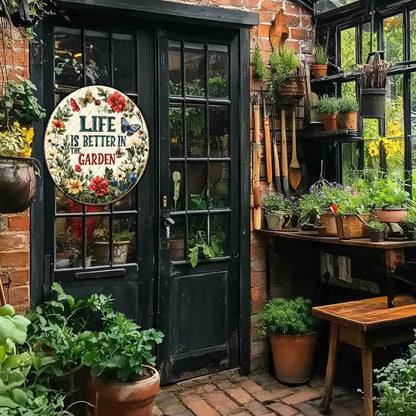 KIYOYO Funny Garden Sign Life Is Better In The Garden Wall Decor Home Patio Backyard Patio Porch Bathroom Bedroom Coffee Office Decor Round Sign 12x12 Inch