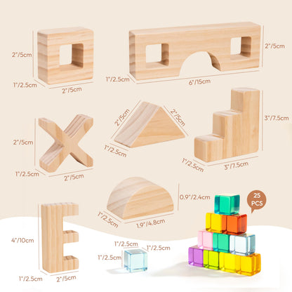 Woodtoe Wooden Rainbow Building Blocks Set for Toddlers, 22 PCS Wooden Blocks & 25 PCS Gem Cubes Stacking Blocks, Montessori Stacking Toys, Educational STEM Birthday Toys Gifts for Kid Boy Girl 3-6