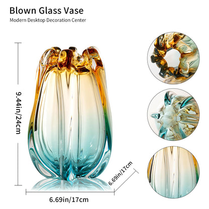 Hand Blown Glass Flower vases, Unique Glass vases, Wide Mouth vases, Small Modern Art Deco Glass vases for Home Living Room, Office, Table centerpieces, Bookshelves and Wedding Decorations