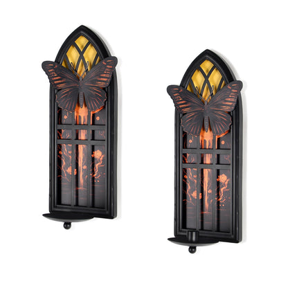 AimtoHome Gothic Wall Candle Sconces Set of 2, Butterfly and Moon Iron Wall Mounted Candelabra Holder with Removable Trays for Taper & Pillar Candles, Romantic Garden & Boho Home Decor