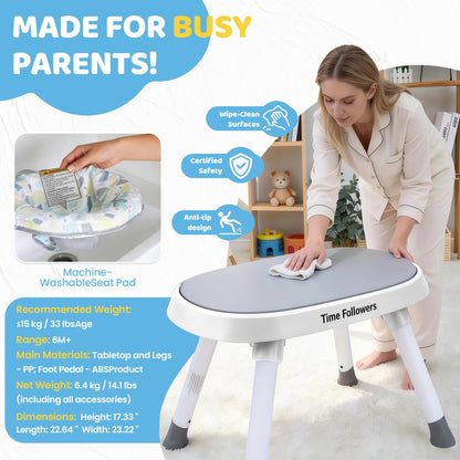 Time Followers® 6-in-1 Baby Activity Center | 4 Stage Montessori-Inspired Toys | Grow Stationary Standing Toddler Table | Jumpers & Bouncers | Must Have for Boy & Girl 6, 12, 24+ Month Old (White)